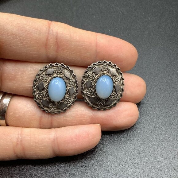 Sterling Silver Earrings Ethnic Made In Israel Earrings Clip On Opaline Glass - Picture 3 of 5